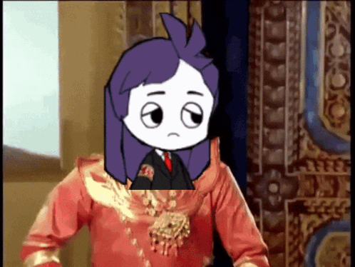 A Cartoon Character With Purple Hair Is Wearing A Red Jacket With A Badge On It GIF