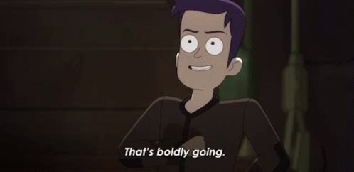 A Cartoon Character With Purple Hair Says " That 'S Boldly Going " GIF