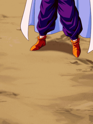 A Cartoon Character With Purple Pants And Orange Boots Is Standing On A Sandy Surface GIF