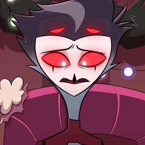 A Cartoon Character With Red Eyes And A Purple Shirt GIF