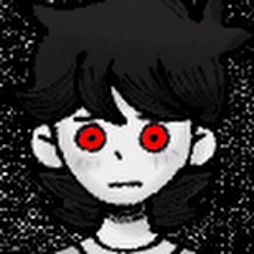 a cartoon character with red eyes and black hair is looking at the camera .