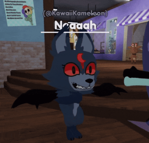 A Cartoon Character With Red Eyes And The Name Noaaah On It GIF