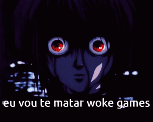 a cartoon character with red eyes and the words eu vou te matar woke games below him