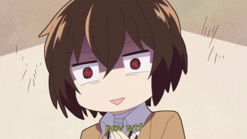 A Cartoon Character With Red Eyes And The Words Pov Wtf GIF