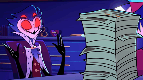 A Cartoon Character With Red Eyes Is Sitting In Front Of A Stack Of Paper GIF