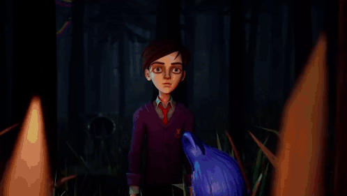 a cartoon character with red eyes is standing in a dark room with a red curtain behind him
