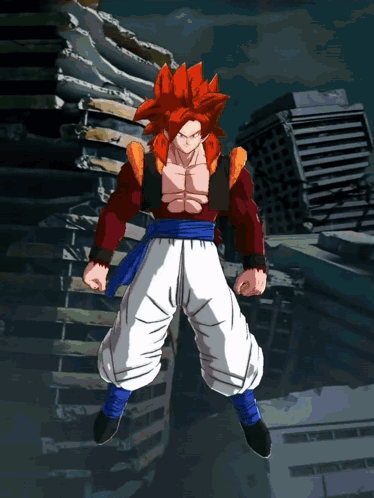 A Cartoon Character With Red Hair And A Blue Belt GIF