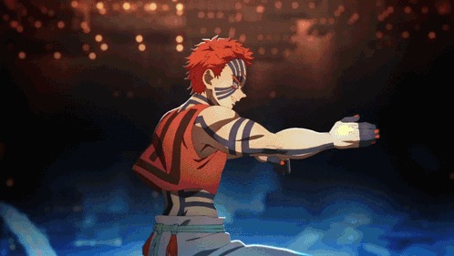 A Cartoon Character With Red Hair And Blue Stripes On His Body GIF