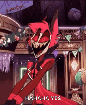 A Cartoon Character With Red Hair And Red Eyes Is Standing In A Room . GIF