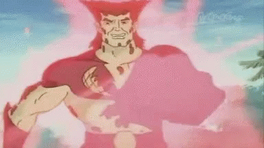A Cartoon Character With Red Hair And Red Smoke Coming Out Of His Chest Is Standing In Front Of A Blue Sky . GIF