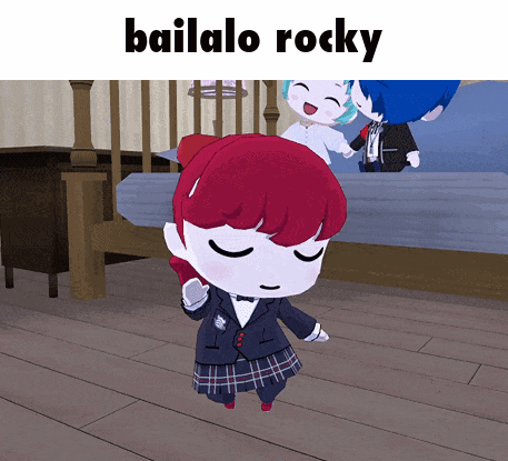 A Cartoon Character With Red Hair And The Words Bailalo Rocky On The Bottom GIF