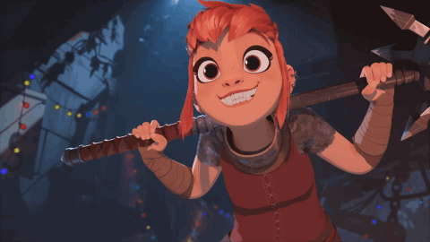 A Cartoon Character With Red Hair Holding A Sword GIF