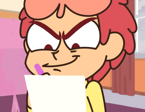 a cartoon character with red hair is holding a piece of paper with a pen in his mouth