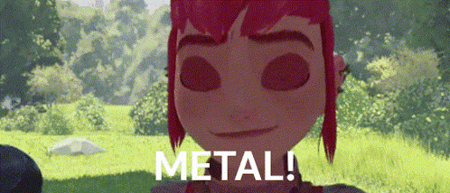 A Cartoon Character With Red Hair Is Standing In A Field With The Words `` Metal '' Written On The Bottom . GIF