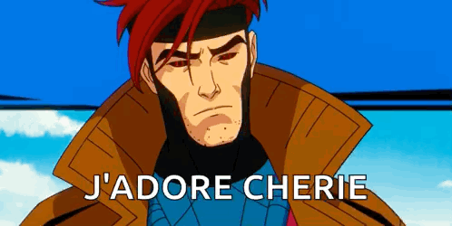 A Cartoon Character With Red Hair Is Standing In Front Of A Blue Sky And The Words `` J 'Adore Cherie '' . GIF