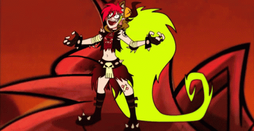 A Cartoon Character With Red Hair Is Standing Next To A Green Monster GIF