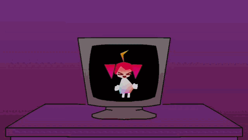 A Cartoon Character With Red Hair Stands In Front Of A Green Field GIF