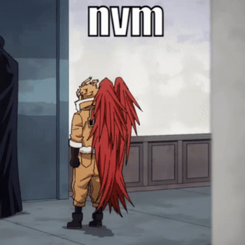 A Cartoon Character With Red Wings Is Standing Next To A Wall With The Words Nvm Above Him GIF