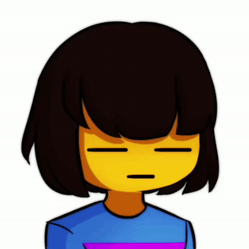 A Cartoon Character With Short Black Hair And A Yellow Face Is Wearing A Blue Shirt And A Purple Stripe . GIF