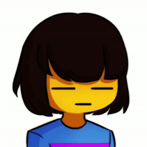 A Cartoon Character With Short Black Hair And A Yellow Face Is Wearing A Blue Shirt And A Purple Stripe . GIF