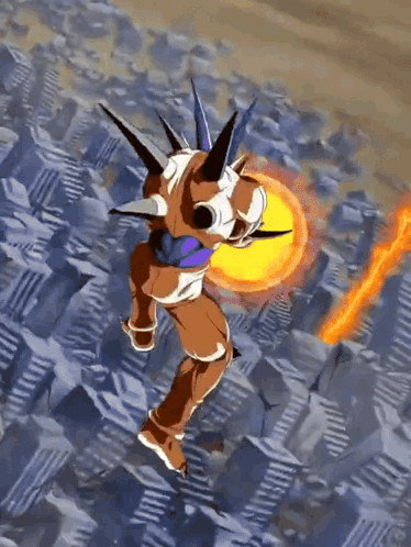 A Cartoon Character With Spikes On His Head Is Flying Through A City GIF