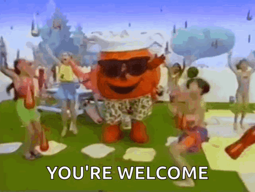 A Cartoon Character With Sunglasses And A Chef Hat Says You 'Re Welcome . GIF