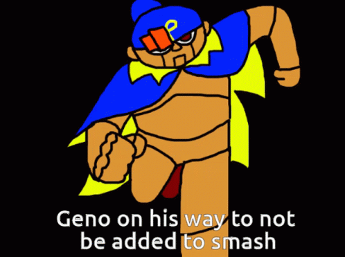 a cartoon character with the caption geno on his way to not be added to smash is running