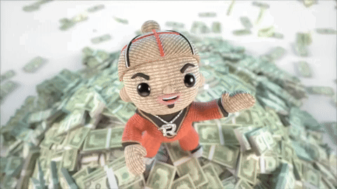 A Cartoon Character With The Letter R On His Chest Is Standing In A Pile Of Money GIF