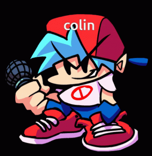 A Cartoon Character With The Name Colin Written On His Hat GIF