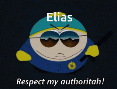A Cartoon Character With The Name Elias On His Head GIF