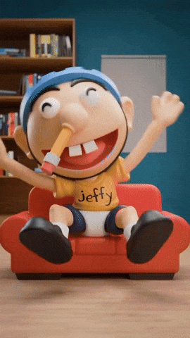 A Cartoon Character With The Name Jeffy On His Shirt Is Sitting On A Red Couch GIF