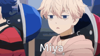 A Cartoon Character With The Name Miya Written On His Chest GIF