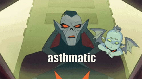 A Cartoon Character With The Word Asthmatic Next To It GIF
