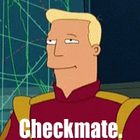 A Cartoon Character With The Word Checkmate Written On His Chest GIF