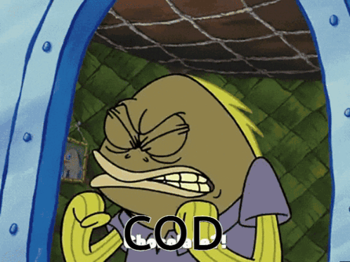 A Cartoon Character With The Word Cod Written On His Face GIF