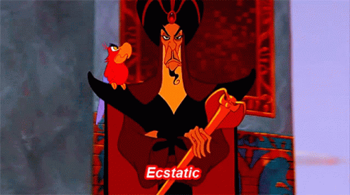 A Cartoon Character With The Word Ecstatic Written On The Bottom GIF