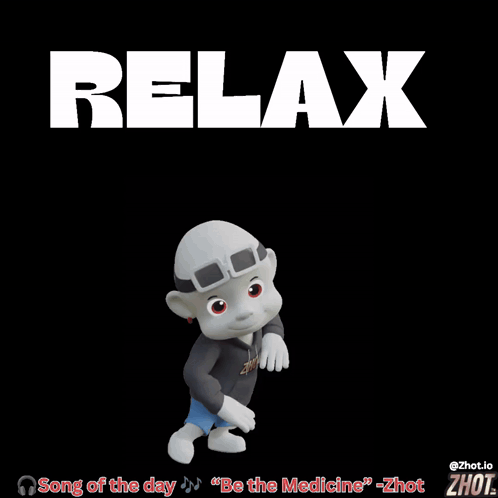 a cartoon character with the word relax on it
