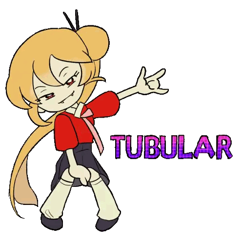 a cartoon character with the word tubular in purple