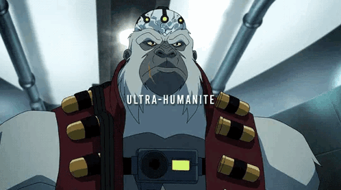 A Cartoon Character With The Word Ultra-Humanite On The Bottom Right GIF