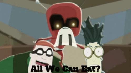 A Cartoon Character With The Words All We Can Eat Below Him GIF