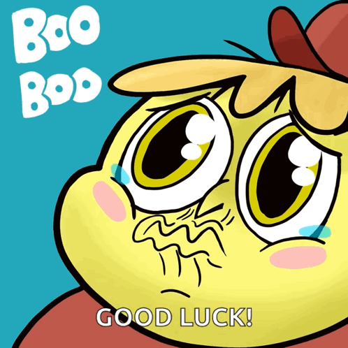 A Cartoon Character With The Words Boo Boo Good Luck Below It GIF