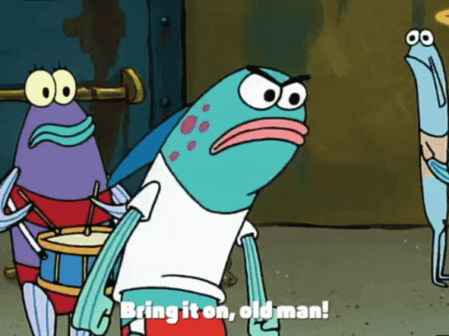 A Cartoon Character With The Words Bring It On Old Man GIF