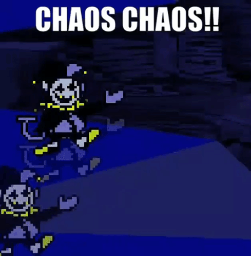 A Cartoon Character With The Words Chaos Chaos Written Above It GIF