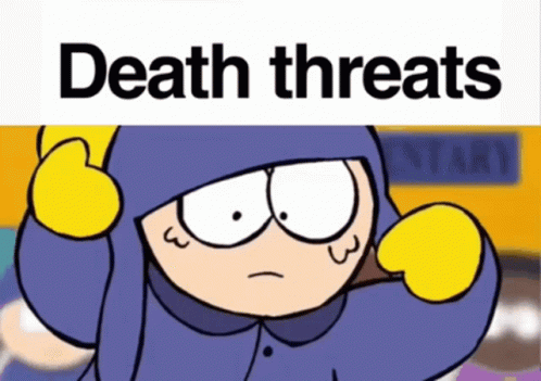 A Cartoon Character With The Words Death Threats On It GIF