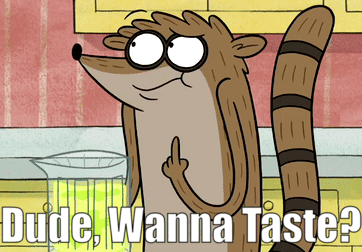A Cartoon Character With The Words Dude Wanna Taste Written Below Him GIF