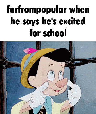 A Cartoon Character With The Words " Farfrompopular When He Says He 'S Excited For School " GIF