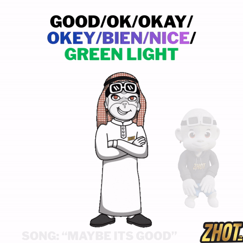 A Cartoon Character With The Words Good / Ok / Okay / Okey / Bien / Nice / Green Light Behind Him GIF