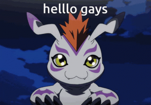 A Cartoon Character With The Words Hello Gays Written On It GIF