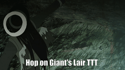 A Cartoon Character With The Words Hop On Giant 'S Lair Ttt GIF