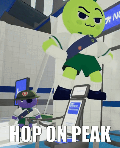 A Cartoon Character With The Words Hop On Peak Below Him GIF